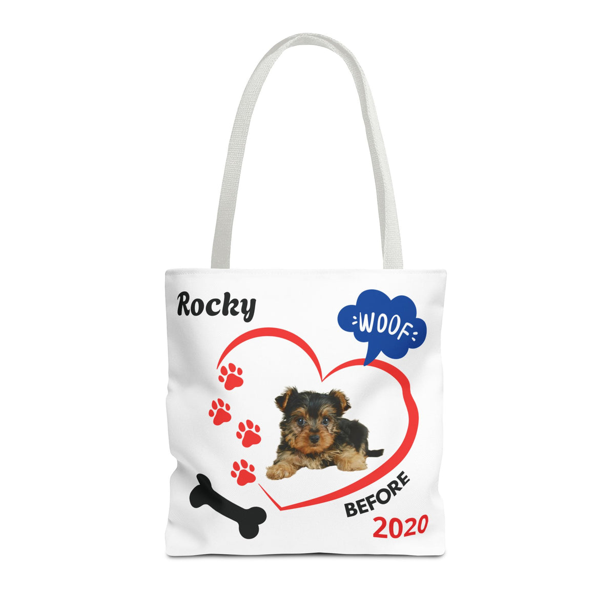 Personalized Puppy Photo & Name White Canvas Tote Bag — "Rocky" Before & Now Paw Print Design