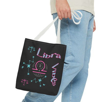 Personalized Initial & D.O.B Libra Zodiac Black Tote Bag with Traits & Birth Year (1997)