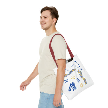 Aquarius Zodiac White Canvas Tote Bag — Personalized Birth Year & Initials