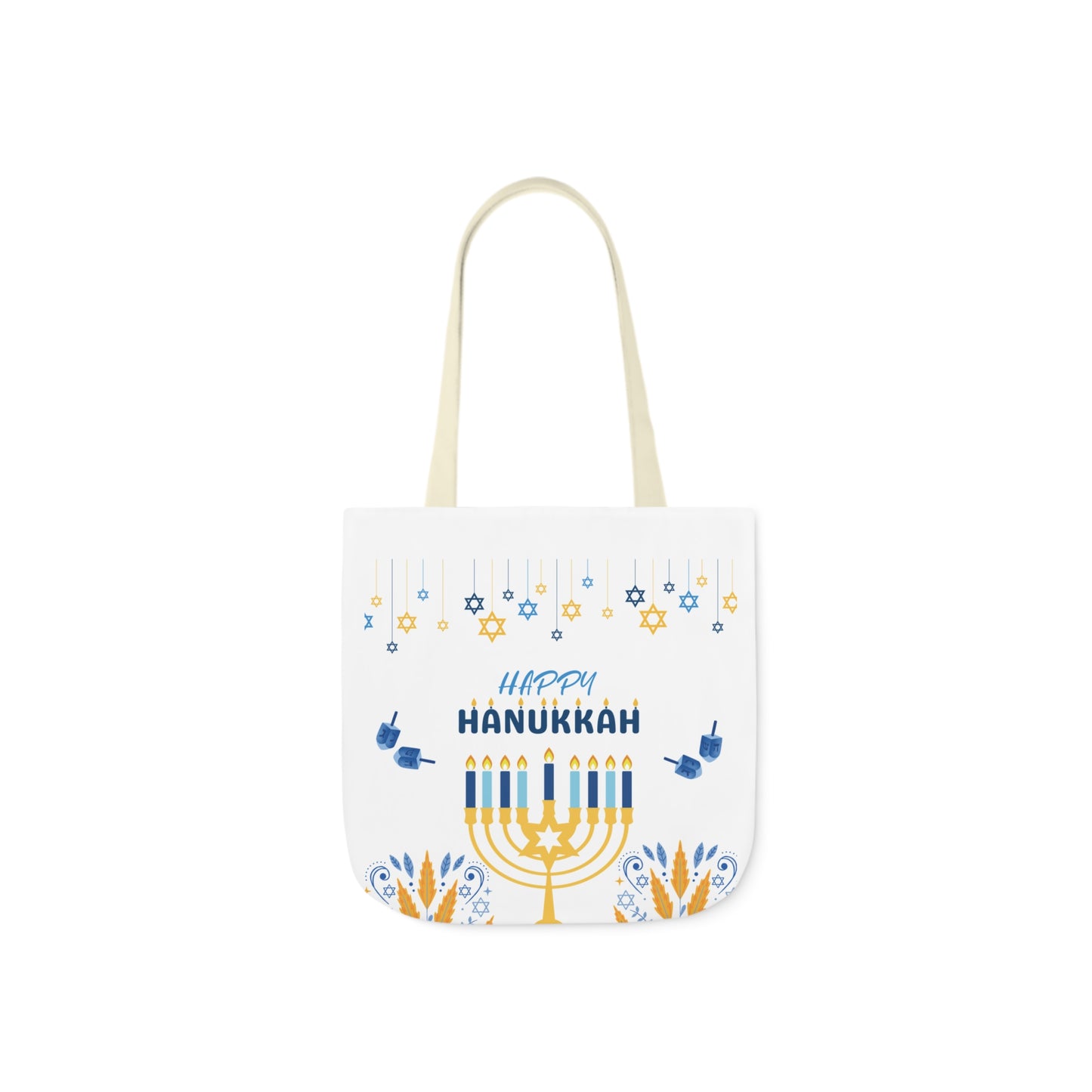 White Hanukkah design canvas tote bag, with picture of a menorah.