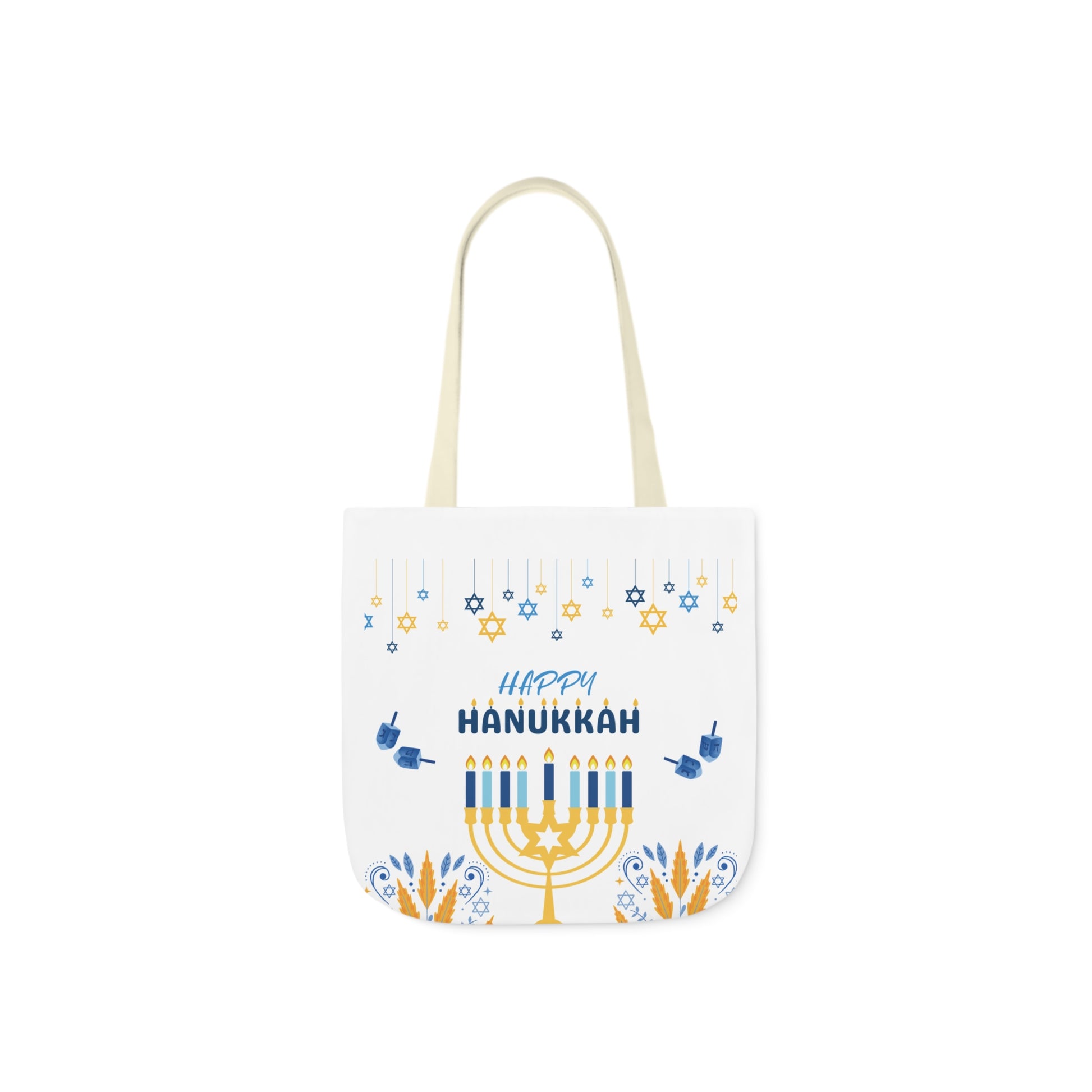 White Hanukkah design canvas tote bag, with picture of a menorah.