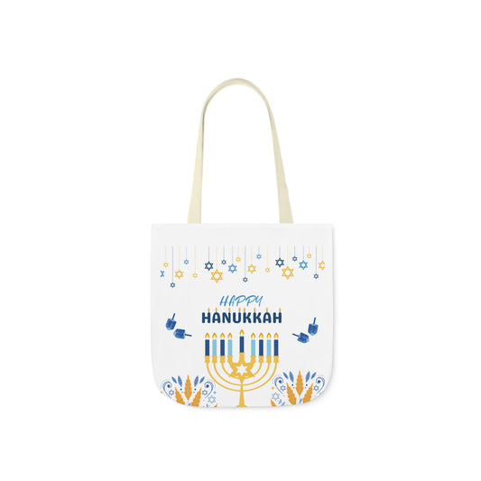 White Hanukkah design canvas tote bag, with picture of a menorah.