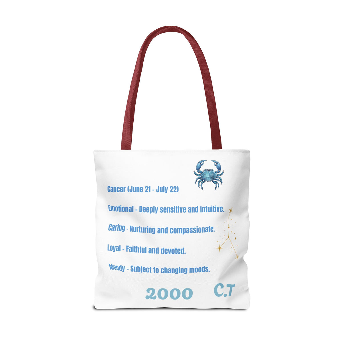 Personalized Initials & D.O.B Cancer Zodiac White Canvas Tote Bag – June 21–July 22 Astrology Gift