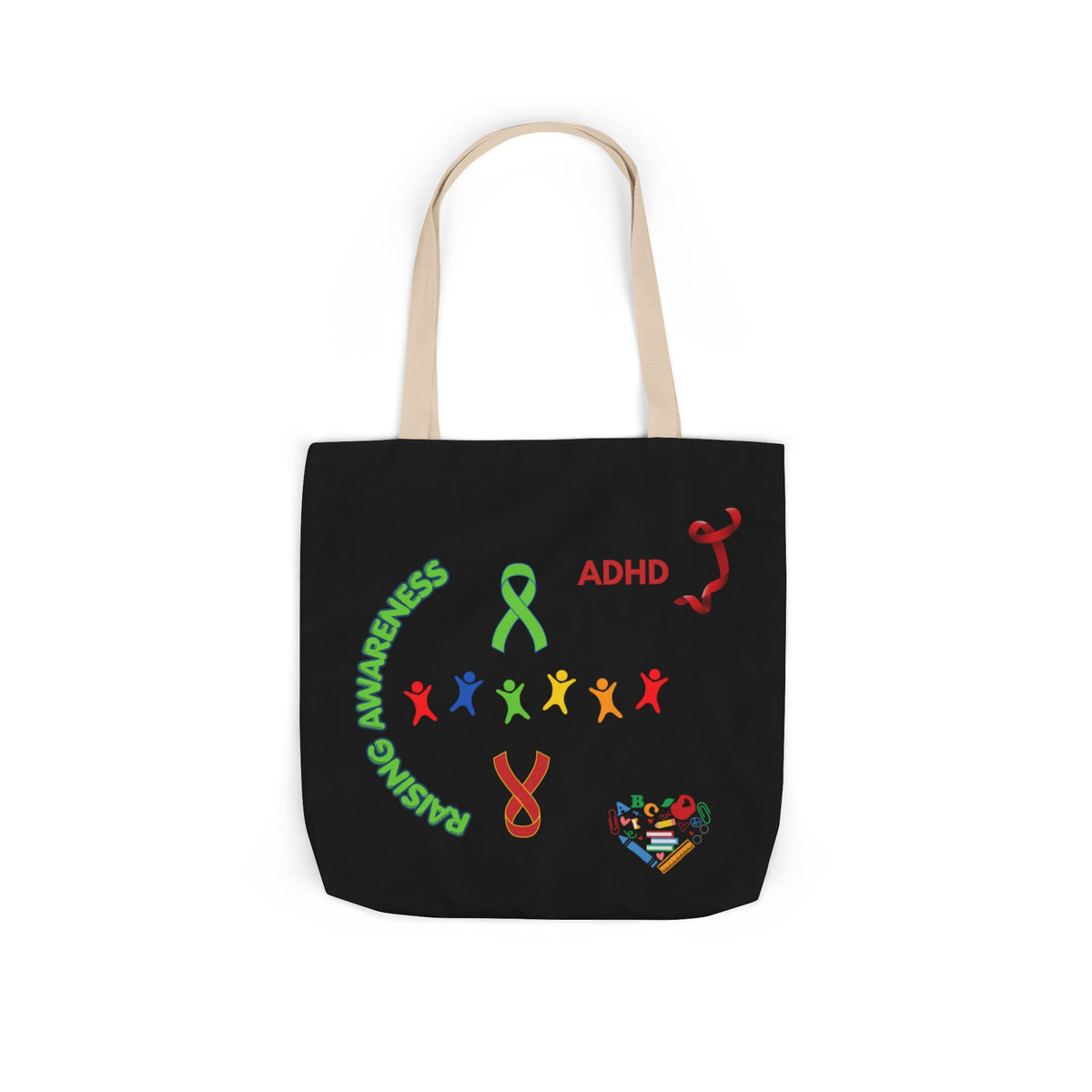 Autism Awareness Canvas Tote — Rainbow Handprints & Ribbon Design