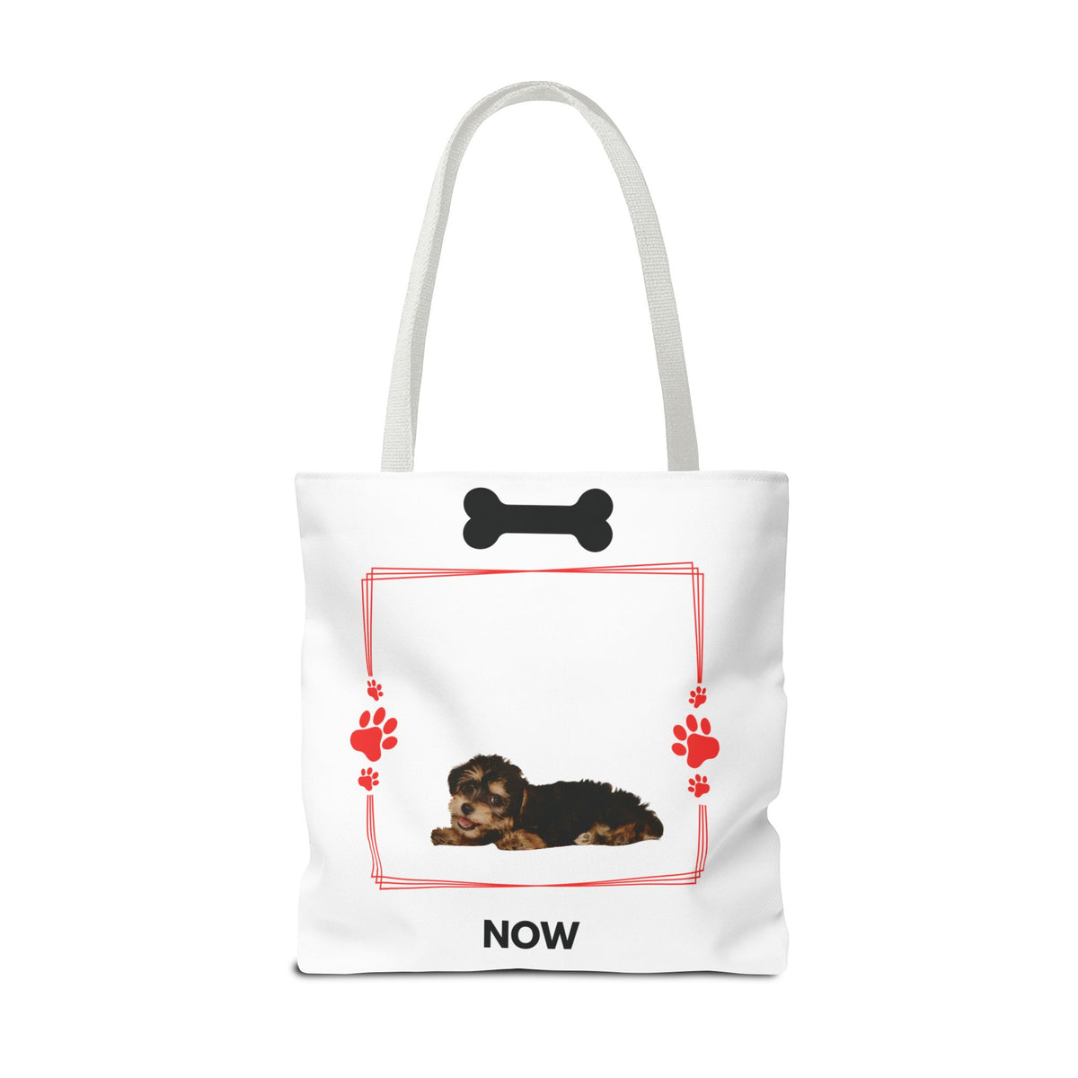 Personalized Puppy Photo & Name White Canvas Tote Bag — "Rocky" Before & Now Paw Print Design