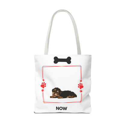 Personalized Puppy Photo & Name White Canvas Tote Bag — "Rocky" Before & Now Paw Print Design
