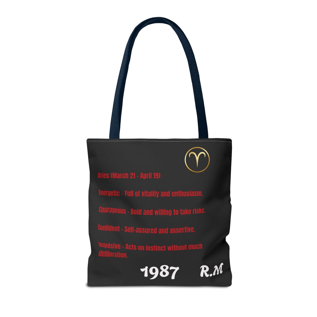 Personalized Initial & Birthdate Aries Vibes Black  Tote Bag — Zodiac Aries Horoscope Astrological Design (Born 1987)
