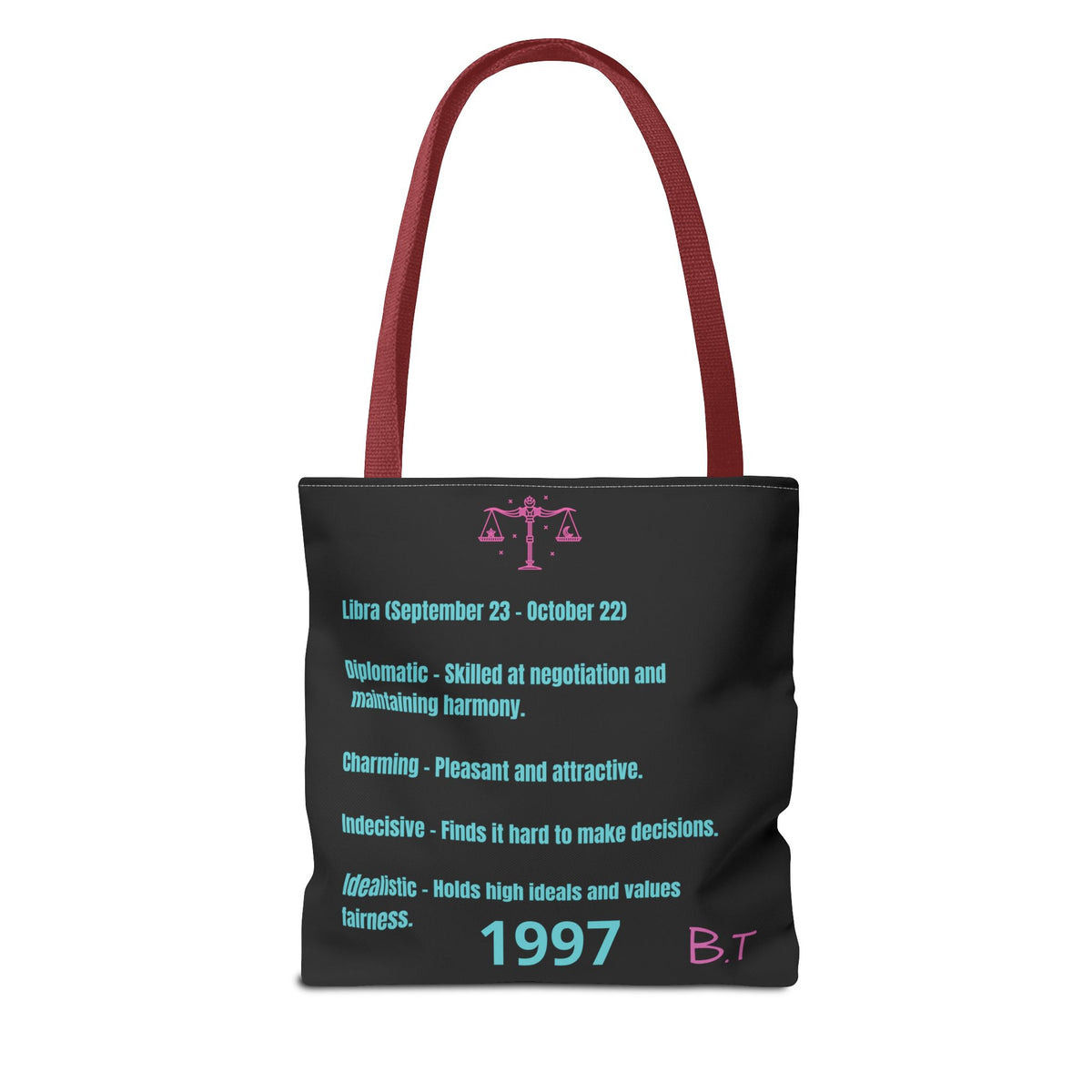 Personalized Initial & D.O.B Libra Zodiac Black Tote Bag with Traits & Birth Year (1997)