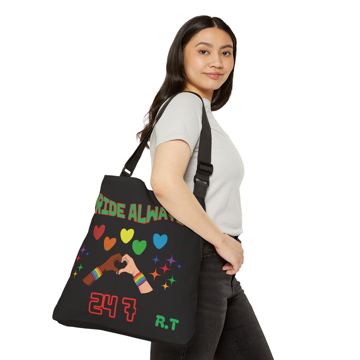 Personalzized Initial & D.O.B Pride Always Adjustable Tote Bag – Rainbow Hearts, 24/7 LGBTQ+ Celebration