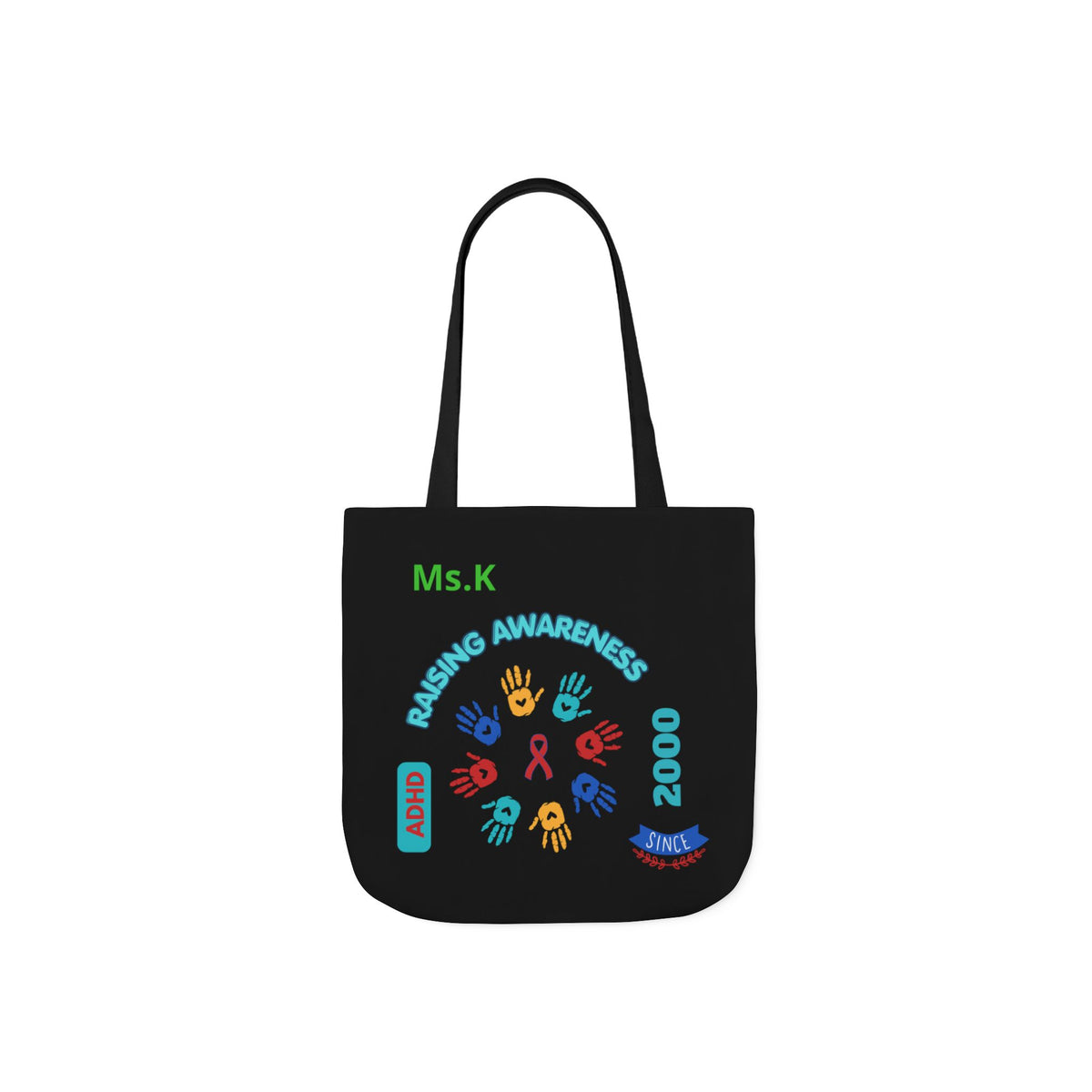 Autism Awareness Canvas Tote — Rainbow Handprints & Ribbon Design