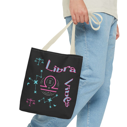 Personalized Initial & D.O.B Libra Zodiac Black Tote Bag with Traits & Birth Year (1997)