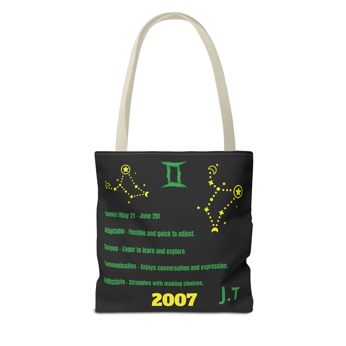 Personalized Initial & D.O.B Gemini Vibes black Zodiac Tote Bag