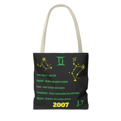 Personalized Initial & D.O.B Gemini Vibes black Zodiac Tote Bag