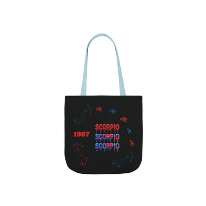 Personalized D.O.B Scorpio 1987 Tote Bag with initials in back — Zodiac Canvas Tote with Neon Scorpion Design