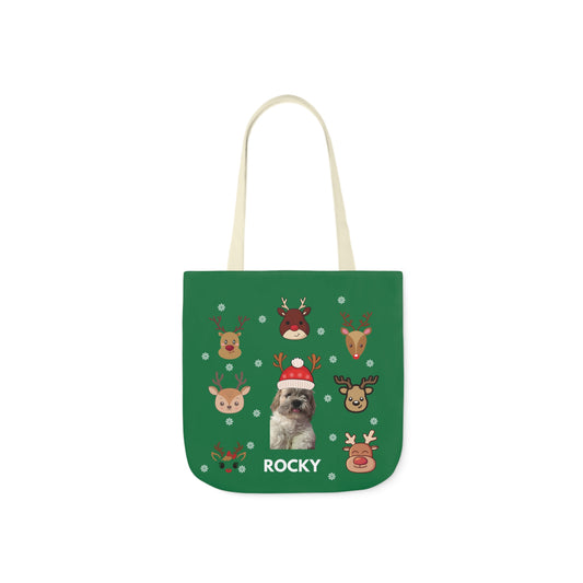 Personalized Dog Canvas Tote Bag - Green Christmas Reindeer Design