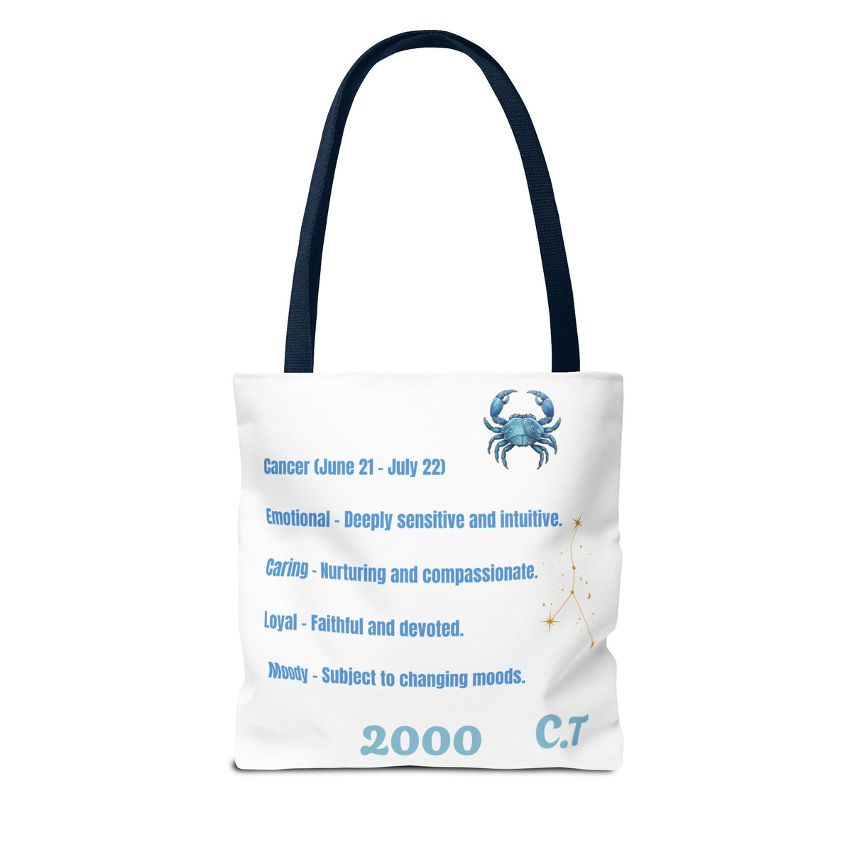 Personalized Initials & D.O.B Cancer Zodiac White Canvas Tote Bag – June 21–July 22 Astrology Gift