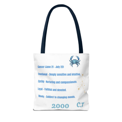 Personalized Initials & D.O.B Cancer Zodiac White Canvas Tote Bag – June 21–July 22 Astrology Gift