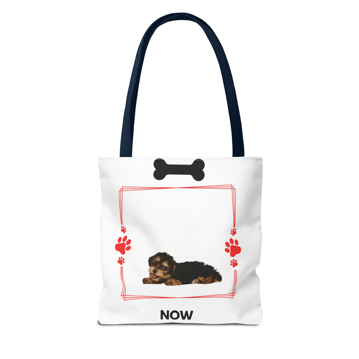 Personalized Puppy Photo & Name White Canvas Tote Bag — "Rocky" Before & Now Paw Print Design