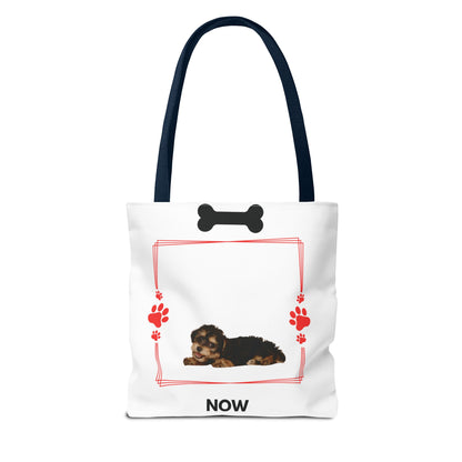 Personalized Puppy Photo & Name White Canvas Tote Bag — "Rocky" Before & Now Paw Print Design
