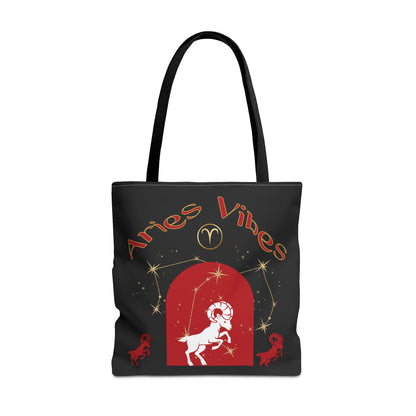 Personalized Initial & Birthdate Aries Vibes Black  Tote Bag — Zodiac Aries Horoscope Astrological Design (Born 1987)
