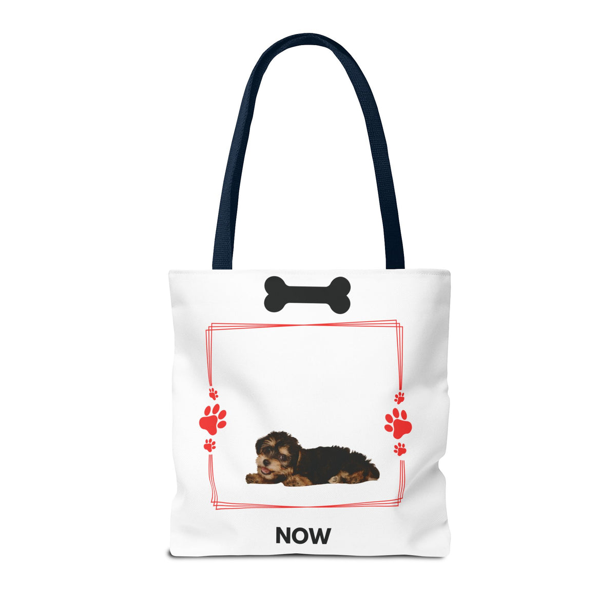 Personalized Puppy Photo & Name White Canvas Tote Bag — "Rocky" Before & Now Paw Print Design