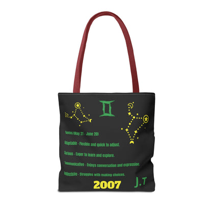 Personalized Initial & D.O.B Gemini Vibes black Zodiac Tote Bag