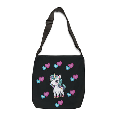 Black adjustable AOP black tote bag with purple and blue hearts ,white unicorn in the front.